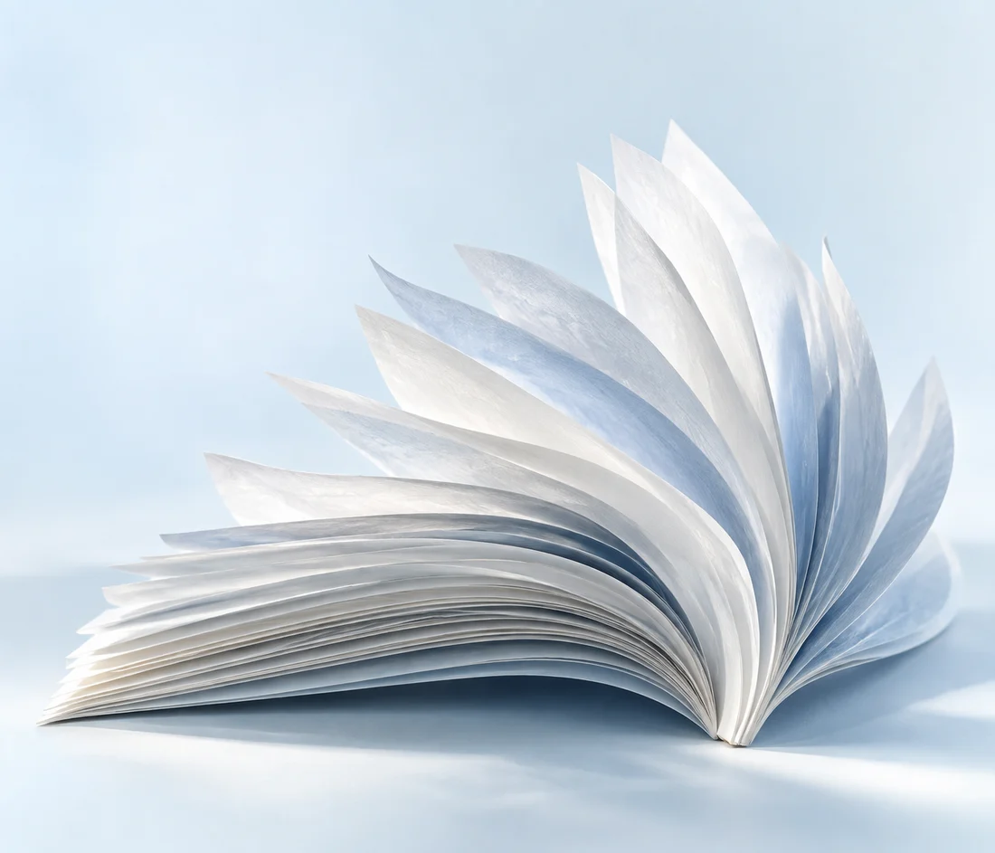 Sculptural white pages opening into a fan, lit in soft blue